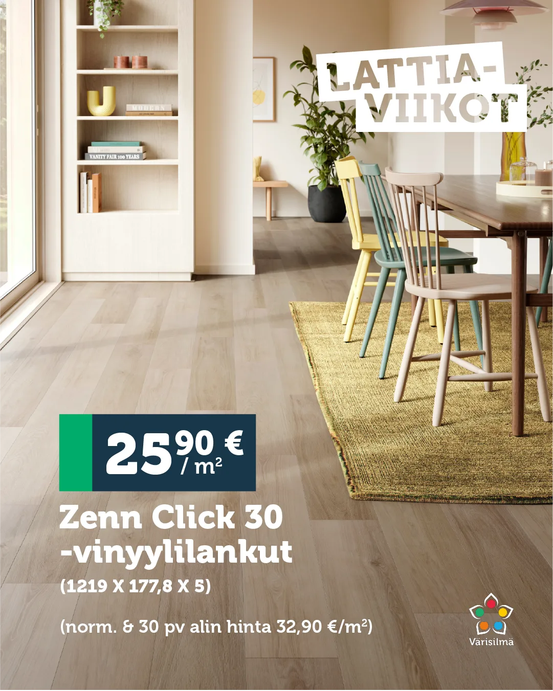 Zenn Click 30 -vinyylilankut vaaleassa ruokailutilassa, tarjoushinta 25,90 €/m²